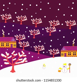 Snowmans. Vector pattern with houses. Picture on pink, neutral, white, purple and yellow colors.