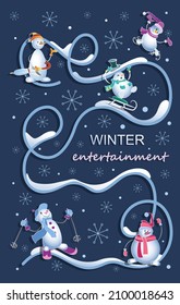 Snowmans. Entretenimiento invernal. Fondo invernal, plantilla festiva con caracteres graciosos. Diseño de una página, portada para un cuaderno infantil, pancarta, afiche. Ilustración vectorial. 