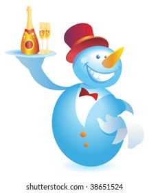 Snowman-waiter with champagne. Vector illustration.