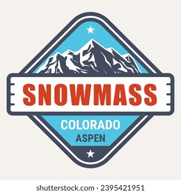 Snowmass village, Colorado ski resort stamp, Aspen emblem with snow covered mountains, vector