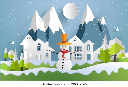 snowmen and beautiful winters. design with art paper and craft
