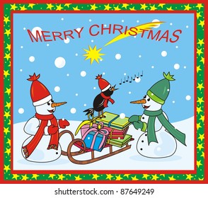 snowmen and bird, christmas card