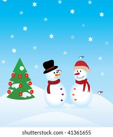 snowmen with birds and christmas tree