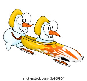 Snowmen are bobsleighing