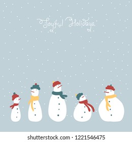Snowmen in bright scarves and hats. Vector illustration in simple hand-drawn style.