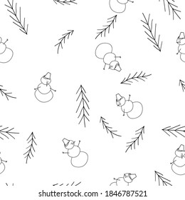 snowmen with buckets and fir trees