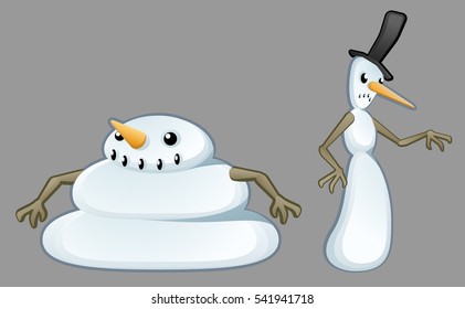 Snowmen characters fat and thin pair cartoon, vector illustration, isolated 
