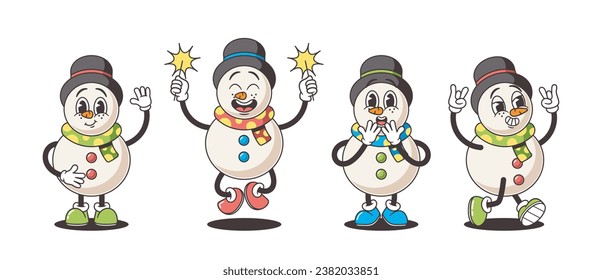 Snowmen Characters In Nostalgic Retro Style, Exude Timeless Charm. Funny Groovy Winter Personages With Coal Eyes