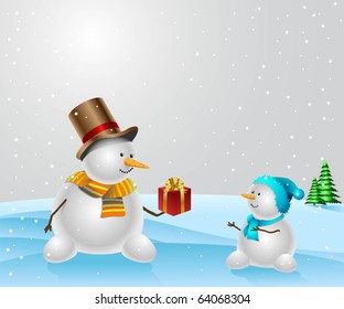 Snowmen with Christmas present on natural background. Vector illustration.