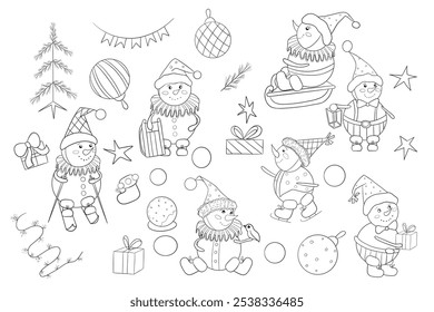 Snowmen, Christmas tree, gifts, balls. Hand drawn Christmas vector set. The illustrations are black and white with holiday elements. For designs, cards, banners and more.