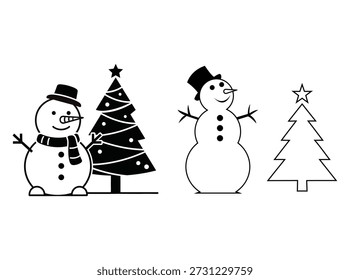 Snowmen and Christmas trees in simple line art design
