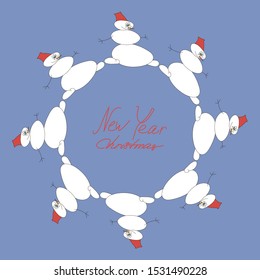 Snowmen in a circle, dancing white snowmen on a blue background. Merry Christmas and New year greeting card, template, vector flat illustration