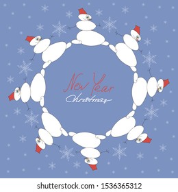 Snowmen in a circle, dancing white snowmen on a blue background with snowflakes. Christmas and New year greeting card, template, vector flat illustration. Copy space