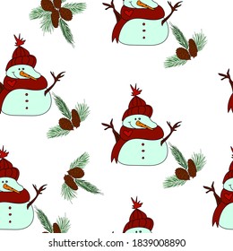 Snowmen colorful background. Vector decorative cute background. Happy New Year, seamless new year pattern. Packaging design