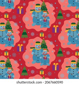 Snowmen colorful seamless pattern. Christmas texture. Vector illustration. Illustration in doodle style. Texture for printing on textiles and printing, for interior decoration.