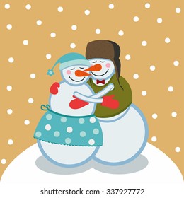 snowmen couple cuddling on a yellow background