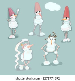 Snowmen, decorative winter characters, vector graphics. Snow men and women