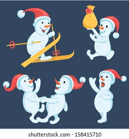 Snowmen in different actions cartoon set. Solid fill