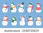 Snowmen in different hats and scarves made of snow. Christmas holiday entertainment on the street with snow in the snow. Vector illustration