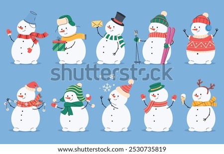 Snowmen in different hats and scarves made of snow. Christmas holiday entertainment on the street with snow in the snow. Vector illustration