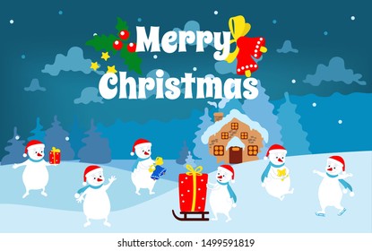 Snowmen in different poses against the backdrop of a winter colorful landscape. Cartoon characters wave, skate, carry a gift, hold bells and stars. Festive New Year vector illustration.