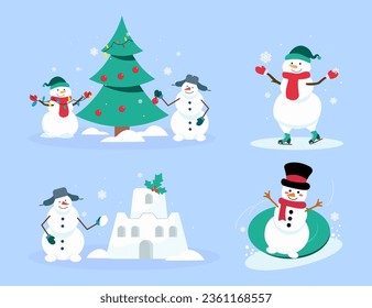 Snowmen doing fun winter activities vector illustrations set. Collection of drawings of snowman characters decorating Christmas tree, skating. Christmas, winter holidays, leisure concept