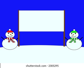 snowmen dressed in hat and scarf with blank sign