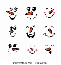Snowmen faces emoticons hand drawn collection. Funny christmas new year winter related decorative elements for prints, posters home decoration. Vector illustration.