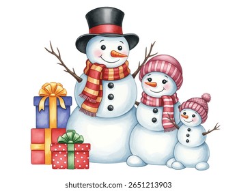 The snowmen feature vibrant colors, with one wearing a blue hat and scarf, and the other in a red and white snowflake-patterned hat and scarf. 