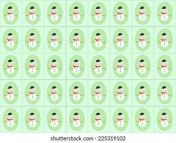 Snowmen in a frame with black hat and red scarf  in a light green frame. EPS vector format.