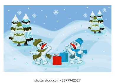 Snowmen, gifts, Christmas trees, winter landscape, color picture
