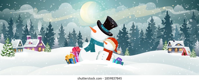 Snowmen with gifts on the background of a snowy forest and Christmas village houses. Christmas holidays vector illustration.