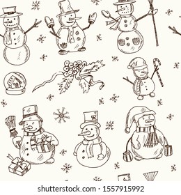 Snowmen hand drawn doodle seamless pattern Vector illustration. Isolated elements on white background. Symbol collection.