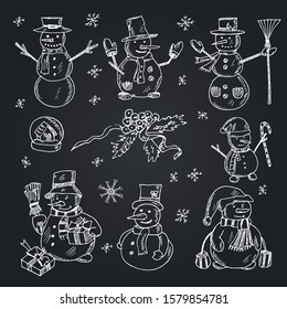Snowmen  hand drawn doodle set. Vector illustration. Isolated elements on white background. Symbol collection.