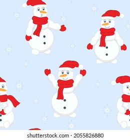 Hombres de nieve con sombreros y pañuelos sin costura. Caracteres de nieve de invierno, ilustración vectorial. Plantilla para envolver regalos, papel pintado y tela.