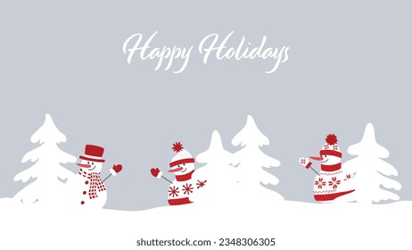 snowmen have fun. Christmas greeting card template. Winter background. Three cute snowmen in red winter clothes are hiding behind the fir trees. Vector illustration