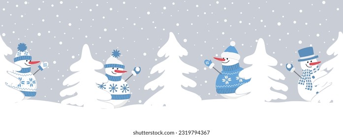 snowmen have fun. Seamless border. Christmas background. Four different snowmen in blue winter clothes and white fir trees. template for greeting card. Vector illustration