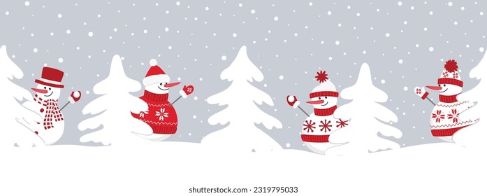 Snowmen have fun. Seamless border. Christmas background. Four different snowmen in red winter clothes and white fir trees. template for greeting card. Vector illustration