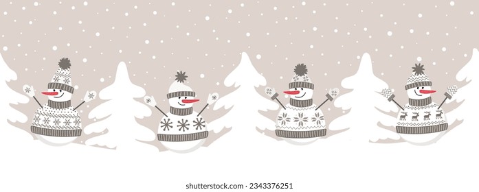 snowmen have fun in winter holidays. Seamless border. Christmas background. Four different snowmen in beige brown  winter clothes and fir trees. template for greeting card. Vector illustration