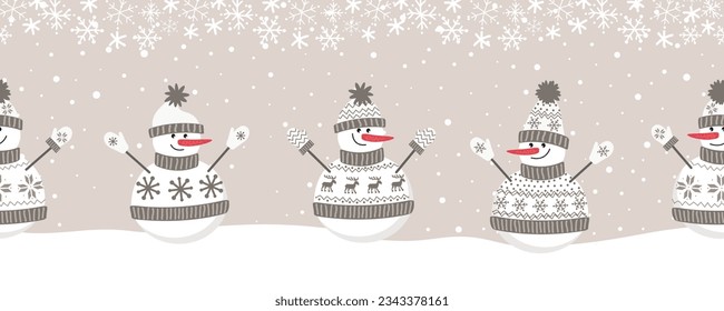 snowmen have fun in winter holidays. Seamless border. Christmas background. Four different snowmen in beige brown winter clothes under the snow. Vector illustration