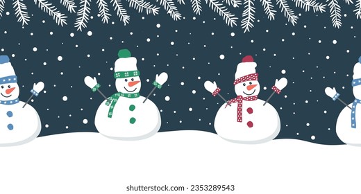 Snowmen have fun in winter holidays. Seamless border. Christmas background. Different snowmen in multicolored winter clothes under snow. Greeting card template. Vector illustration on dark blue