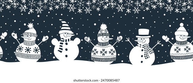 Snowmen have fun in Winter Holidays. Seamless Border. Christmas Background. Different snowmen in winter clothes under snowflakes. Greeting Card Template. Vector illustration in dark blue, white