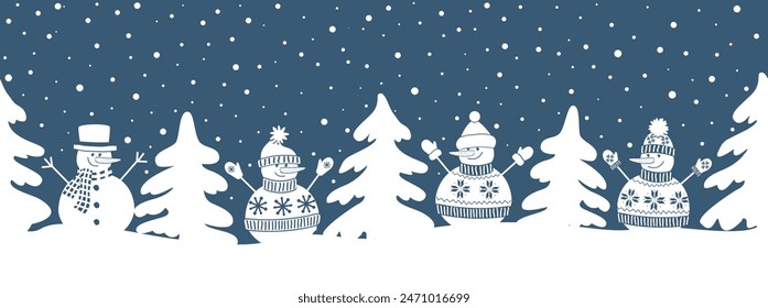 Snowmen have fun in Winter Holidays. Seamless Border. Christmas Background. Different snowmen in winter clothes under snowfall. Greeting Card Template. Vector illustration in dark blue, white