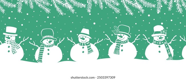 Snowmen Have Fun in Winter Holidays. Seamless Border. Christmas Background. Different Snowmen in Winter Clothes under Fir Tree Branches, Snowfall. Greeting Card Template. Vector Image in Green White
