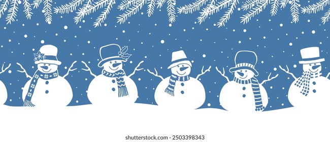 Snowmen Have Fun in Winter Holidays. Seamless Border. Christmas Background. Different Snowmen in Winter Clothes under Fir Tree Branches, Snowfall. Greeting Card Template. Vector Image in Blue White