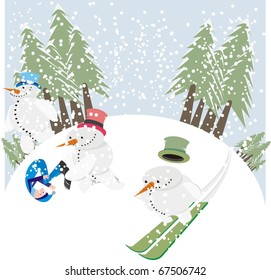 Snowmen having fun on a snow covered slope while more snow falls color vector illustration