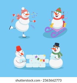 Snowmen having fun in winter vector illustrations set. Happy frosty friends in hats and scarfs ice skating, sledding and building ice fort together. Winter activities, Christmas, holiday concept