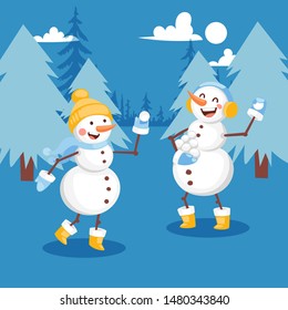 Snowmen having snowball fight banner vector illustration. Cheerful cartoon flat characters in hat, scarf, mitterns and earmuffs. Playing game in snowy forest. Winter activities.