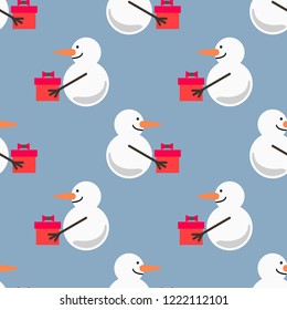 
Snowmen holding gift boxes on a light blue background. Christmas seamless pattern