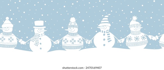 Snowmen holding hands. Snowmen have fun in Winter Holidays. Seamless Border. Christmas Background. Different snowmen in winter clothes. Greeting Card Template. Vector illustration in blue, white